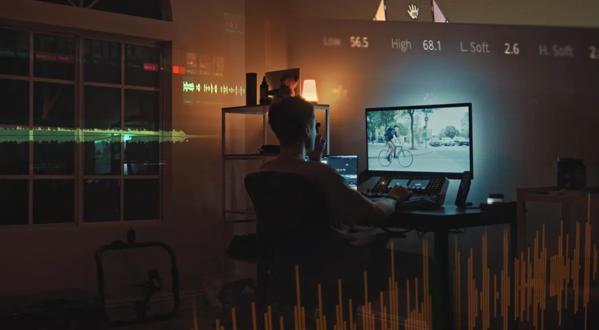 Video editor at a color grading panel in a dark studio, footage of a cyclist on the monitor