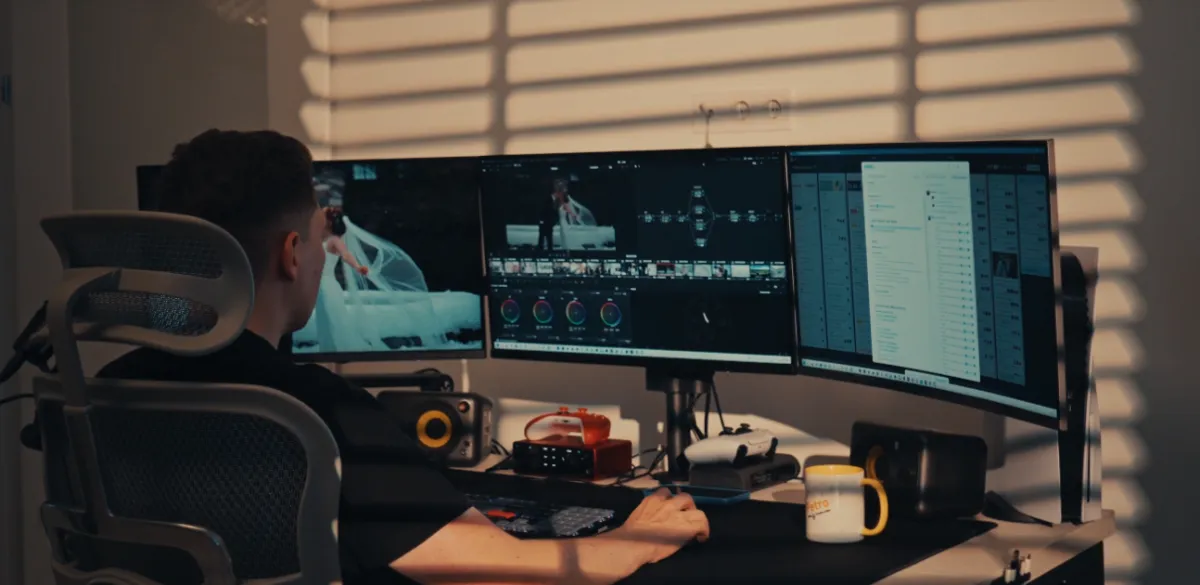 Video editor at a three-monitor desk grading wedding footage in DaVinci Resolve