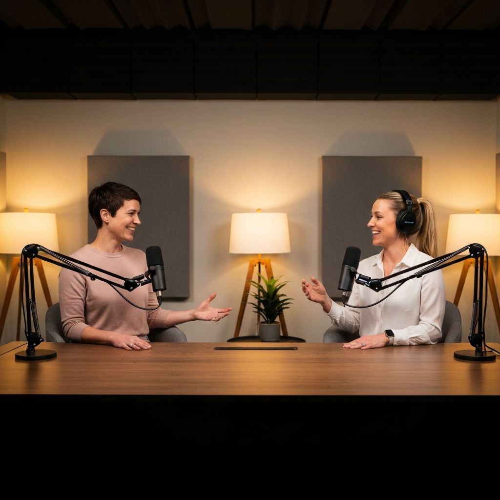 Two women recording a professional podcast in modern studio