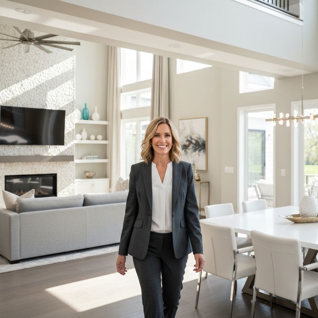 Professional female real estate agent showing luxury home interior to clients