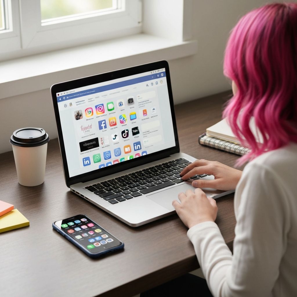 Marketing agency workspace with smartphone displaying social media content