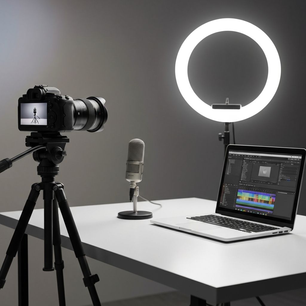 Professional tutorial recording setup with camera, microphone, and laptop on desk