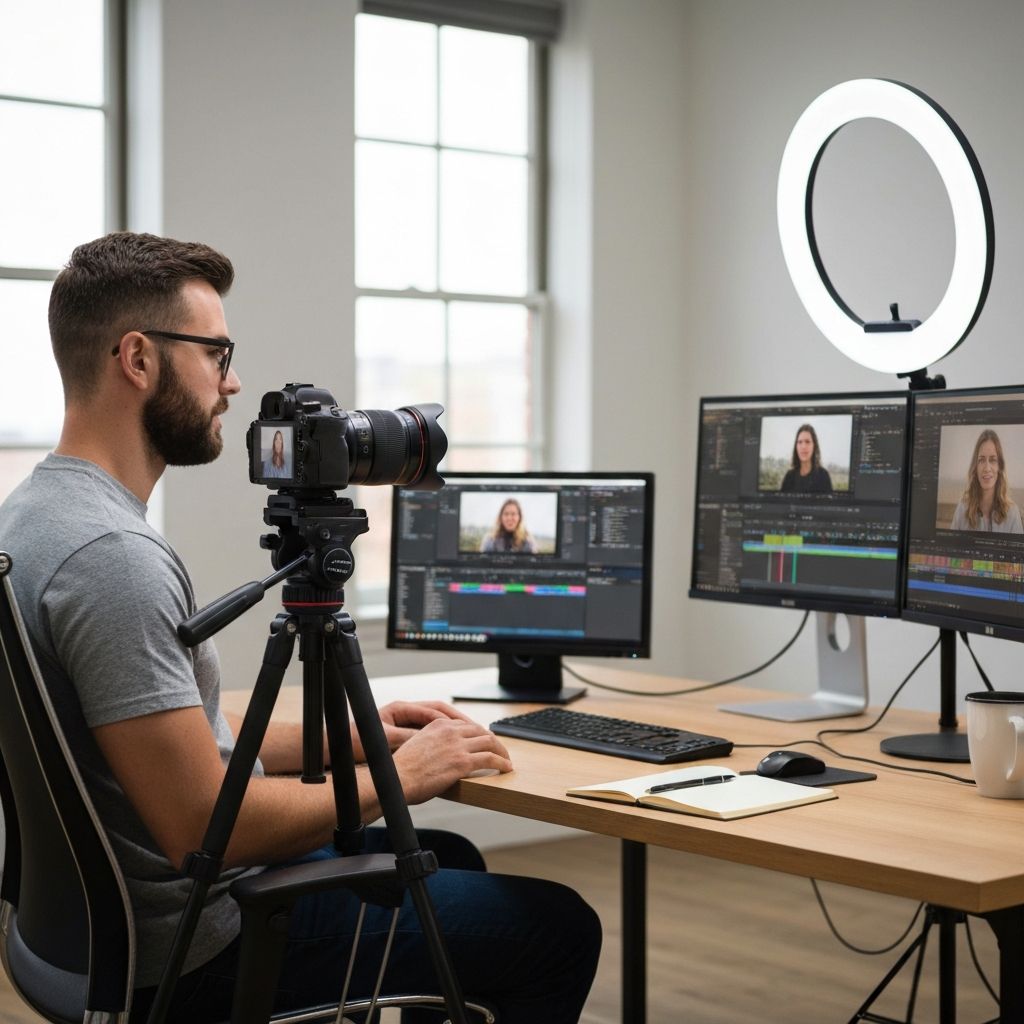Content creator in modern YouTube studio with camera setup and softbox lighting